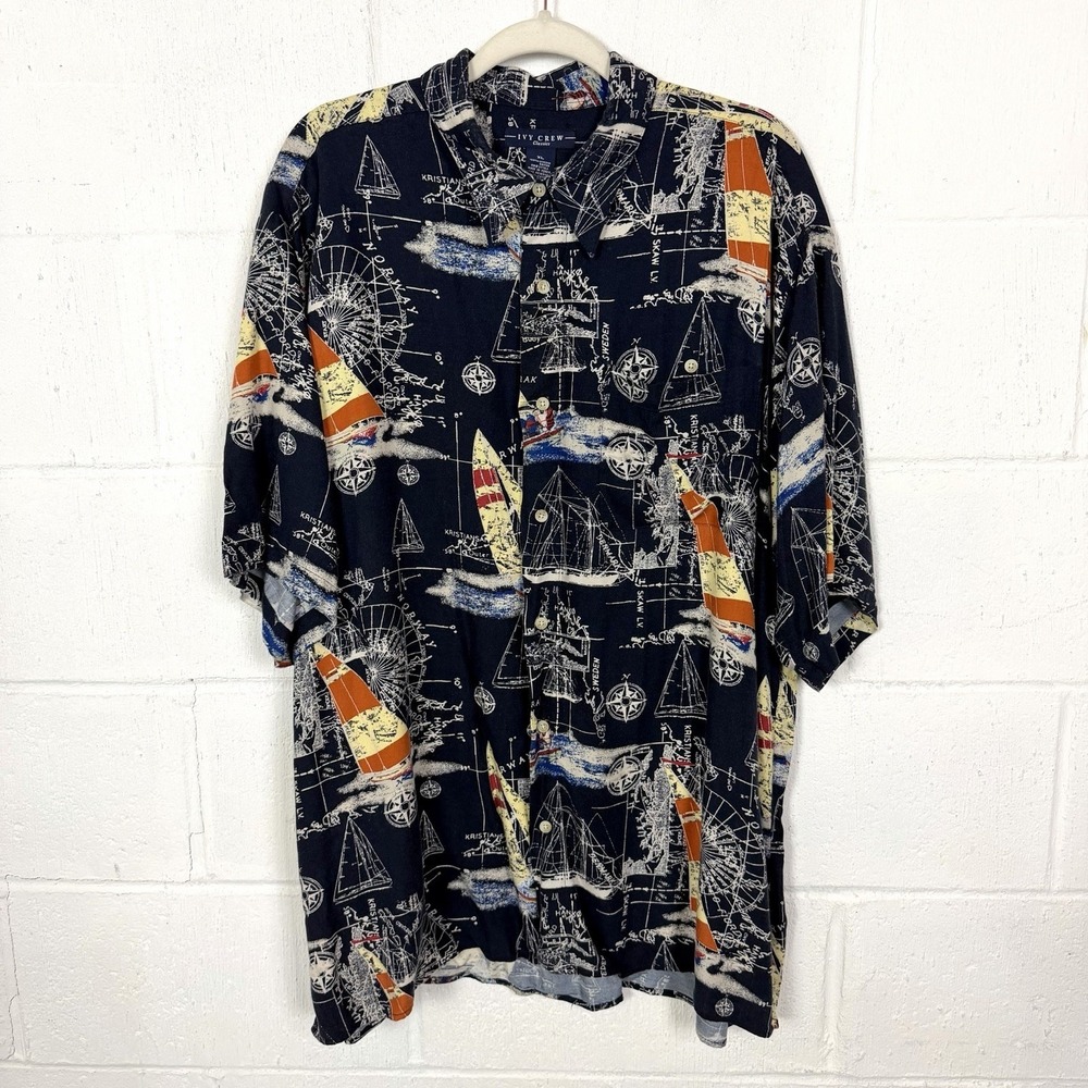 Ivy Crew Button‎ Up Casual Shirt Blue Sail Boats Maps Europe Travel Nautical XL